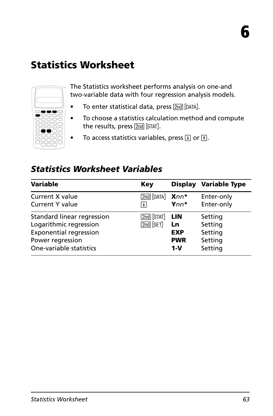 Statistics worksheet, Statistics worksheet variables | Texas Instruments BA II PLUS User Manual | Page 67 / 114