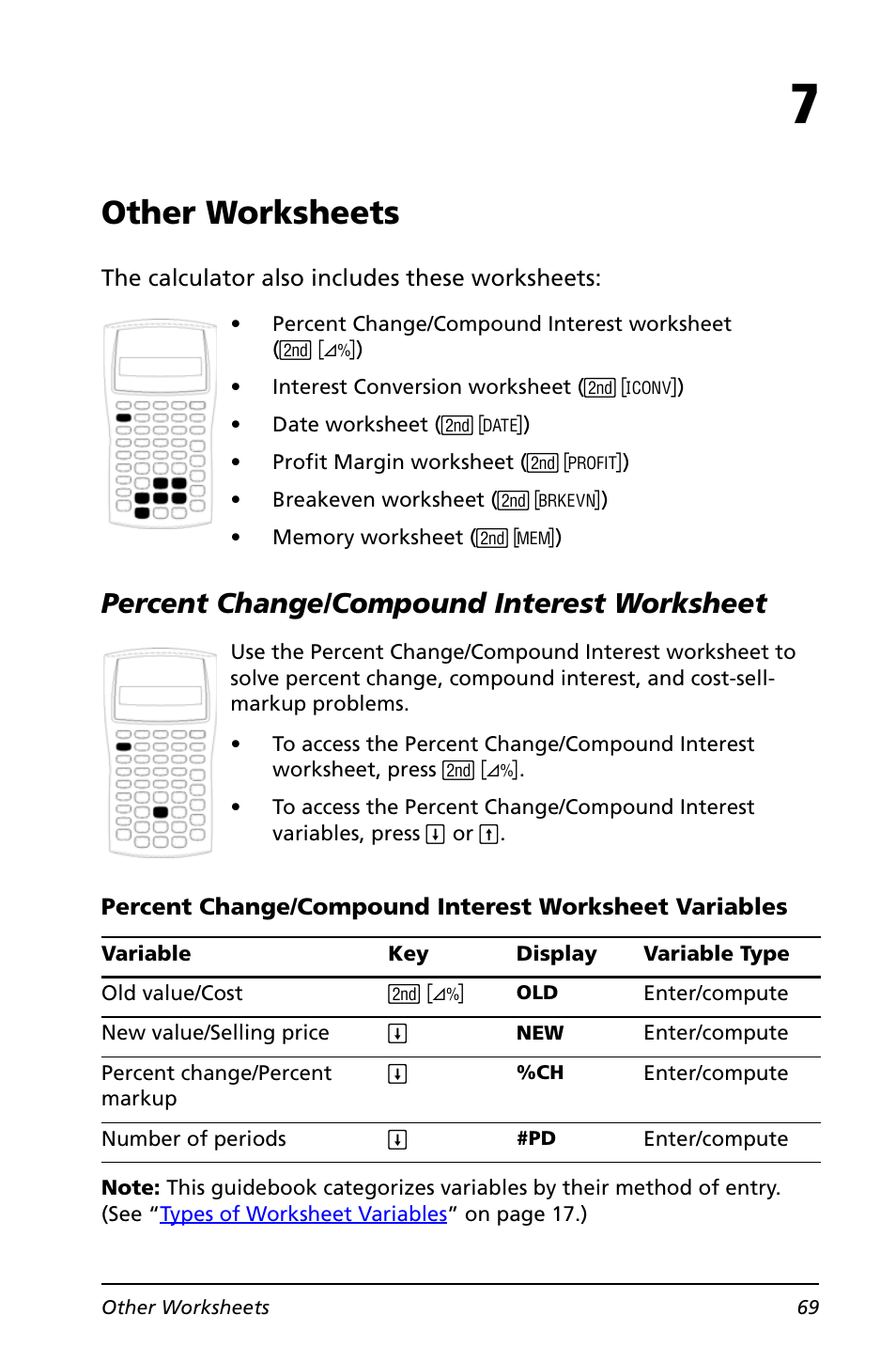 Other worksheets, Percent change/compound interest worksheet | Texas Instruments BA II PLUS User Manual | Page 73 / 114