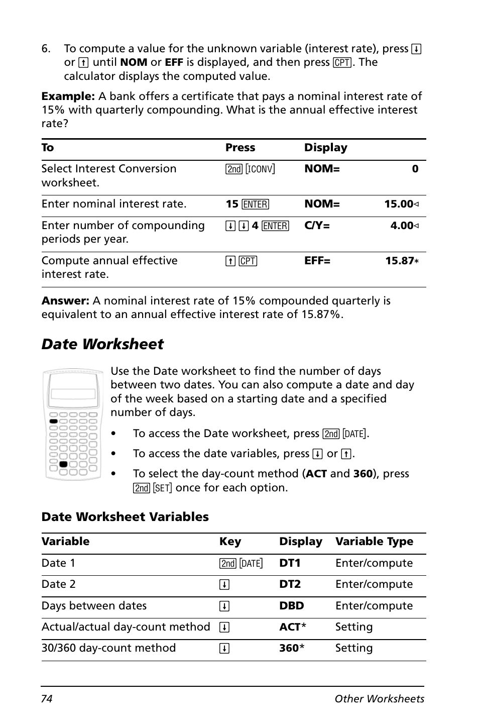 Date worksheet | Texas Instruments BA II PLUS User Manual | Page 78 / 114