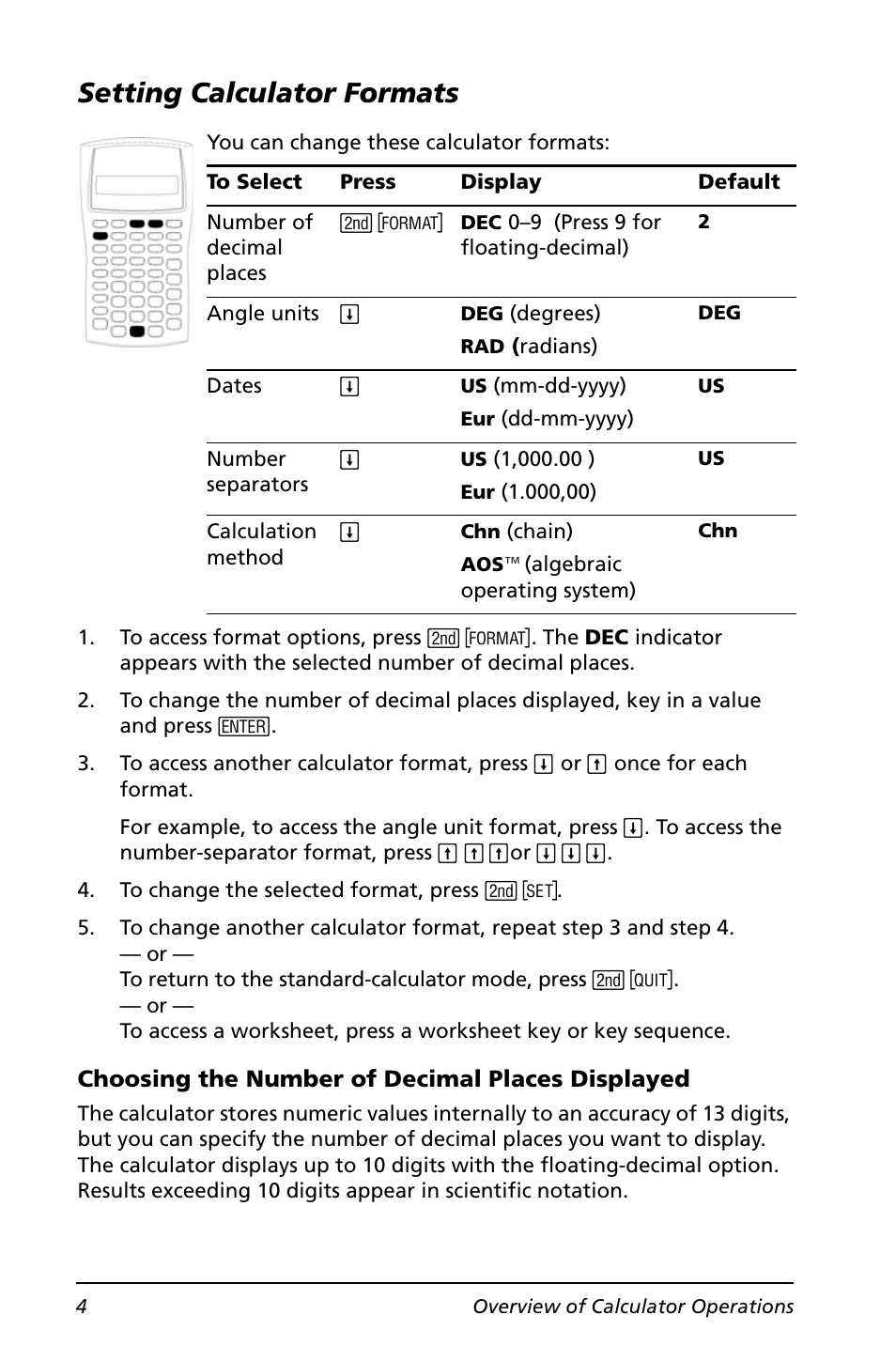 Setting calculator formats | Texas Instruments BA II PLUS User Manual | Page 8 / 114