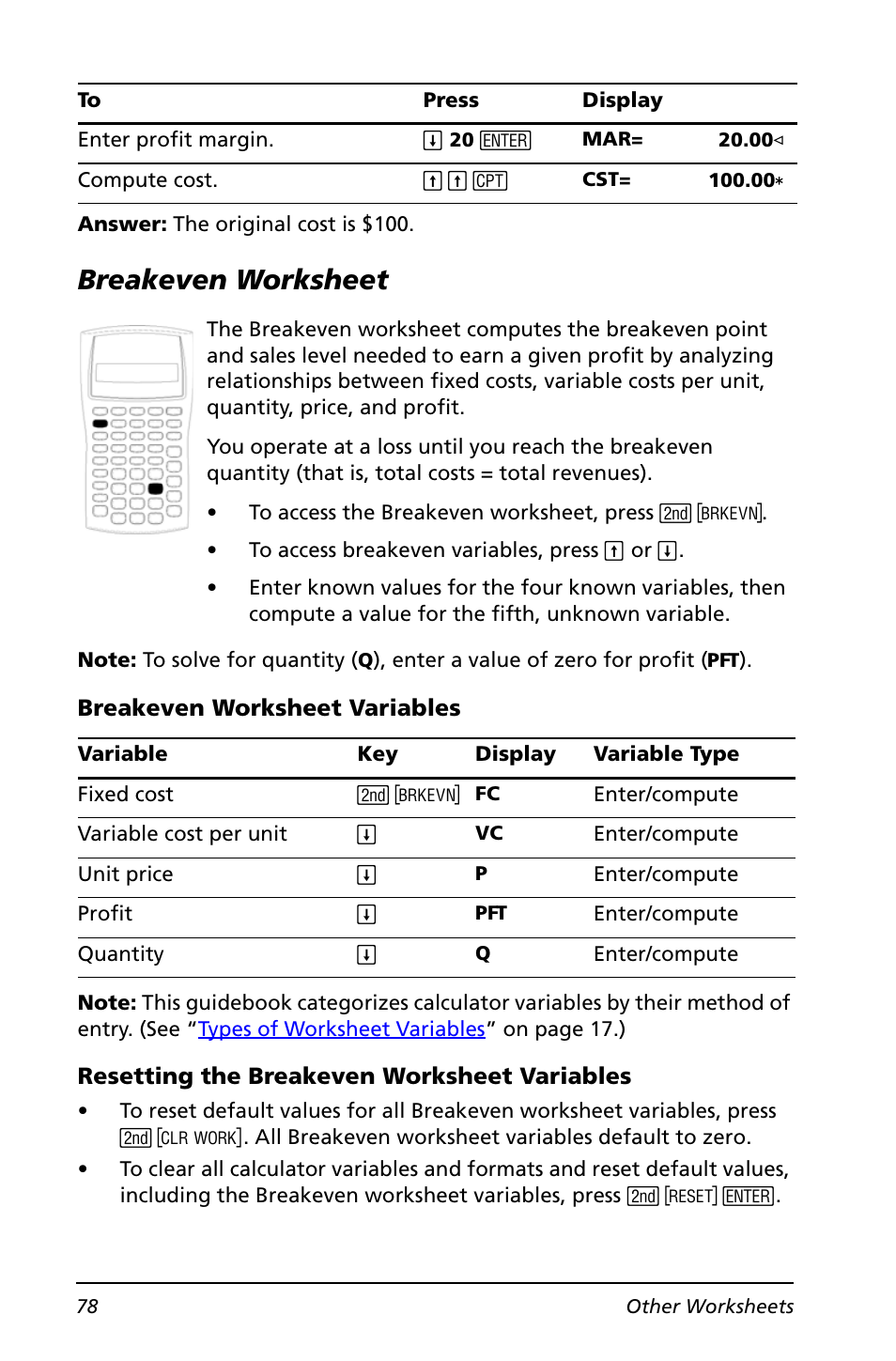 Breakeven worksheet | Texas Instruments BA II PLUS User Manual | Page 82 / 114