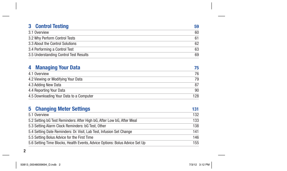 3 control testing, 4 managing your data, 5 changing meter settings | Accu-Chek Aviva Combo User Manual | Page 4 / 282