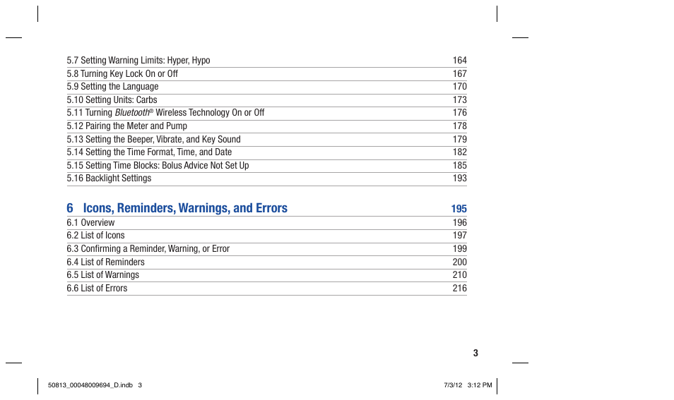 6 icons, reminders, warnings, and errors | Accu-Chek Aviva Combo User Manual | Page 5 / 282