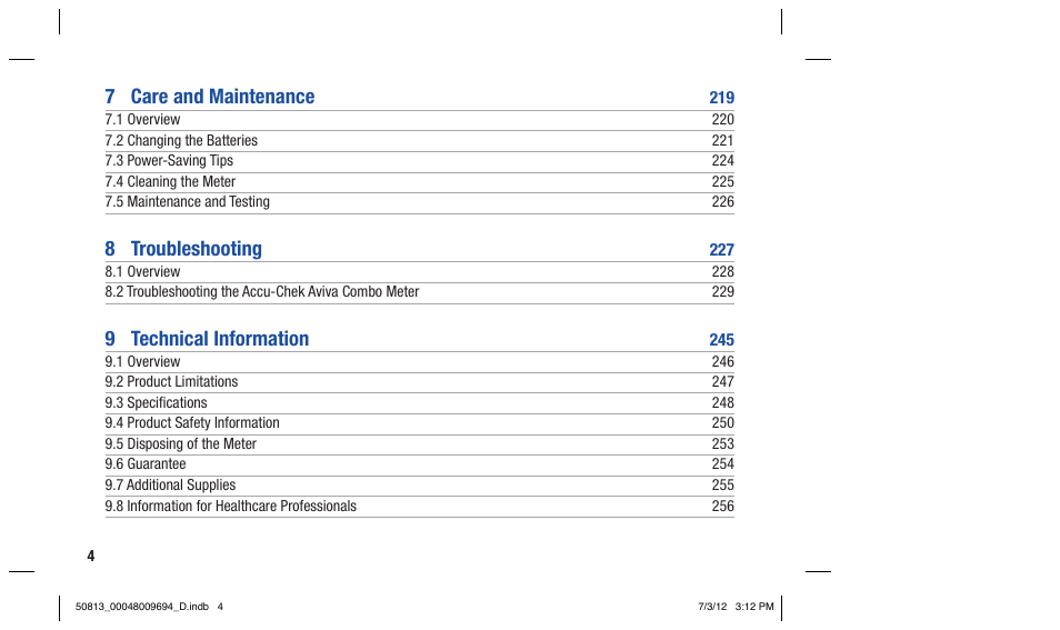 7 care and maintenance, 8 troubleshooting, 9 technical information | Accu-Chek Aviva Combo User Manual | Page 6 / 282