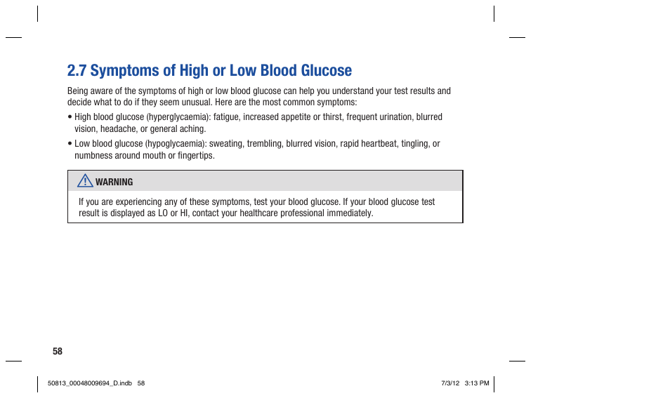 7 symptoms of high or low blood glucose | Accu-Chek Aviva Combo User Manual | Page 60 / 282