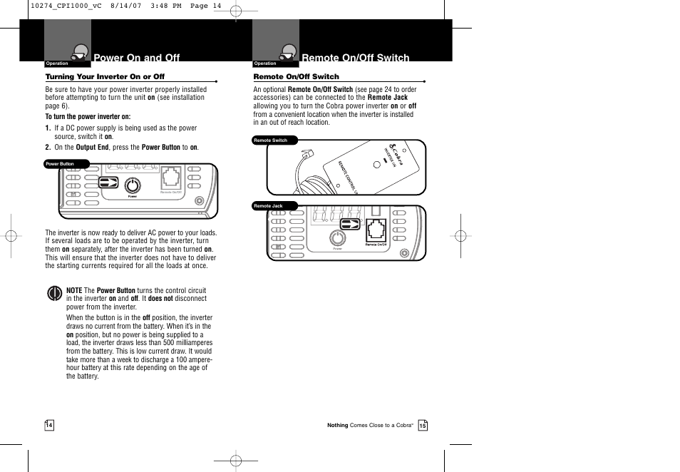 Power on and off, Remote on/off switch | Cobra Electronics CPI 1000 User Manual | Page 10 / 15