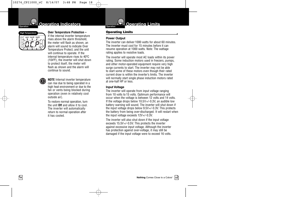 Operating limits, Operating indicators | Cobra Electronics CPI 1000 User Manual | Page 12 / 15