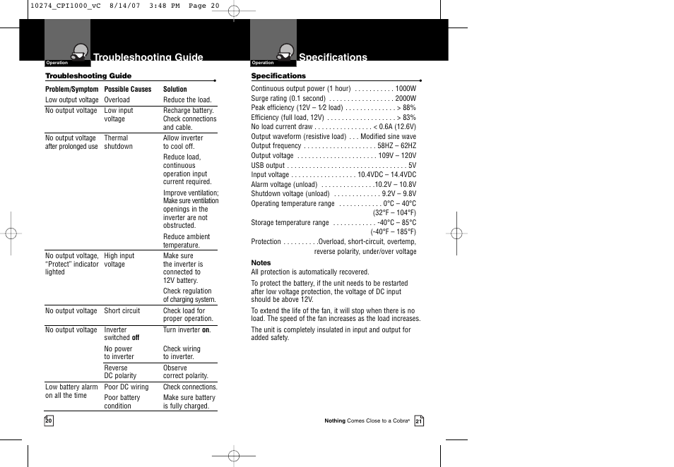 Specifications, Troubleshooting guide | Cobra Electronics CPI 1000 User Manual | Page 13 / 15