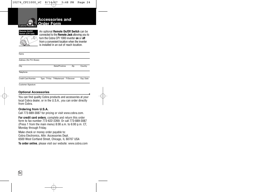 Accessories and order form | Cobra Electronics CPI 1000 User Manual | Page 15 / 15