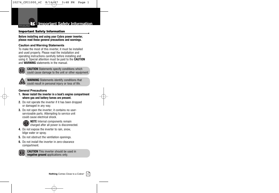 Important safety information | Cobra Electronics CPI 1000 User Manual | Page 3 / 15