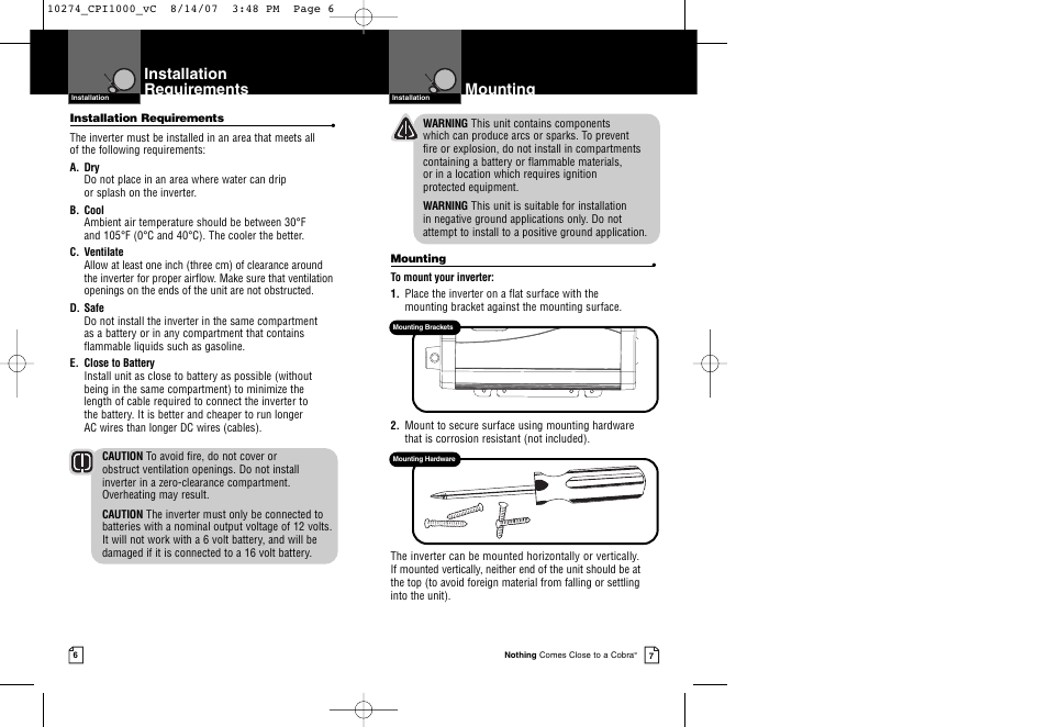 Mounting, Installation requirements | Cobra Electronics CPI 1000 User Manual | Page 6 / 15