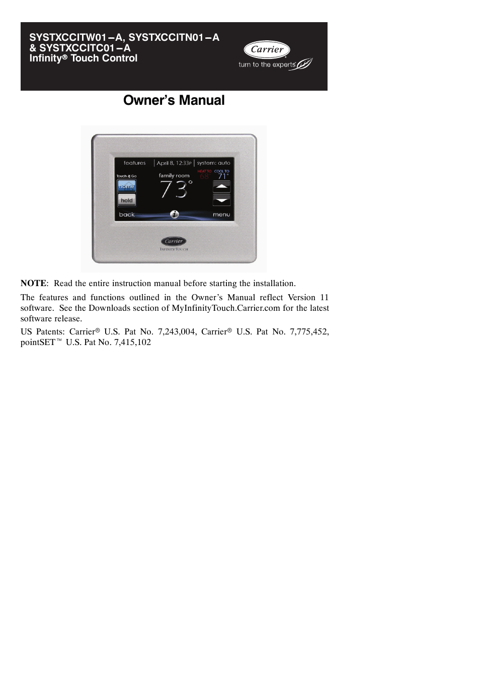 Carrier Infinity SYSTXCCITC01-A User Manual | 68 pages