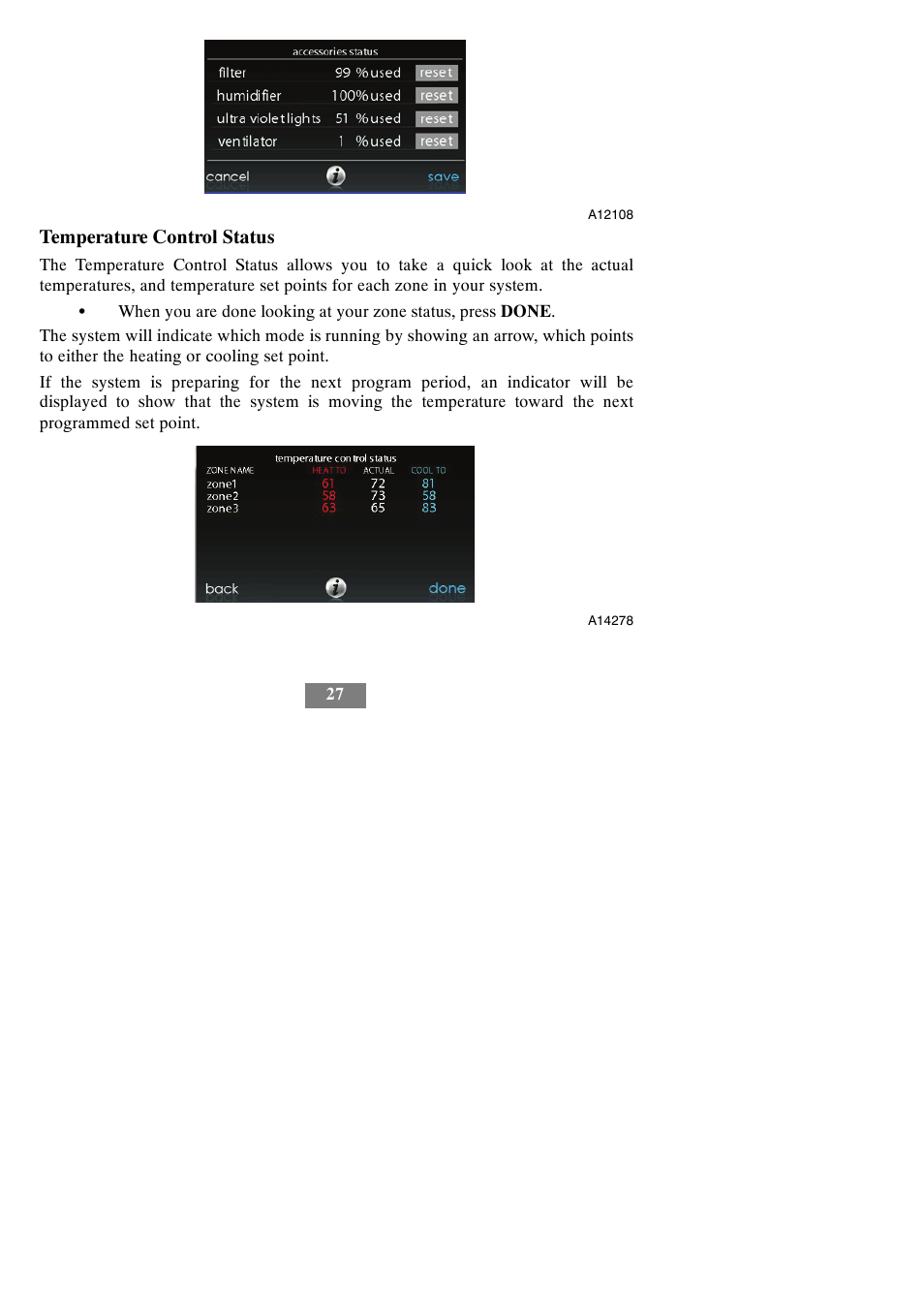 Temperature control status | Carrier Infinity SYSTXCCITC01-A User Manual | Page 33 / 68