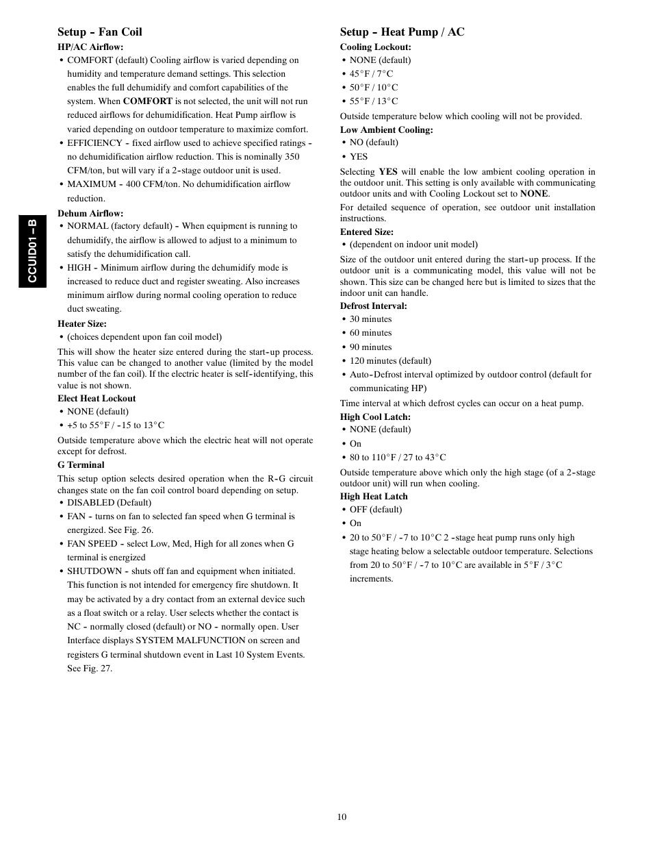 Setup -- fan coil, Setup -- heat pump / ac | Carrier Infinity SYSTXCCUID01- B  User Manual | Page 10 / 16