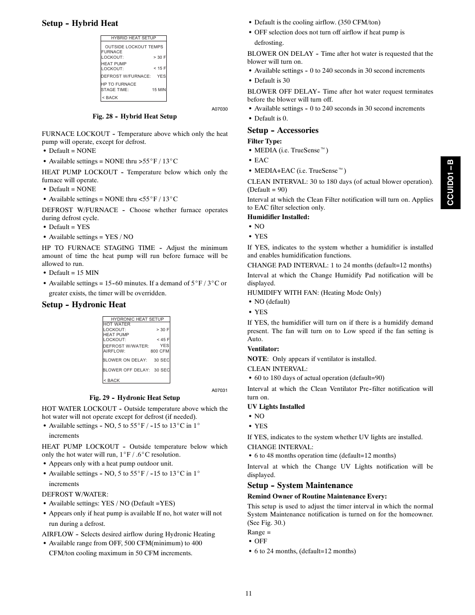 Setup -- hybrid heat, Setup -- hydronic heat, Setup -- accessories | Setup -- system maintenance | Carrier Infinity SYSTXCCUID01- B  User Manual | Page 11 / 16