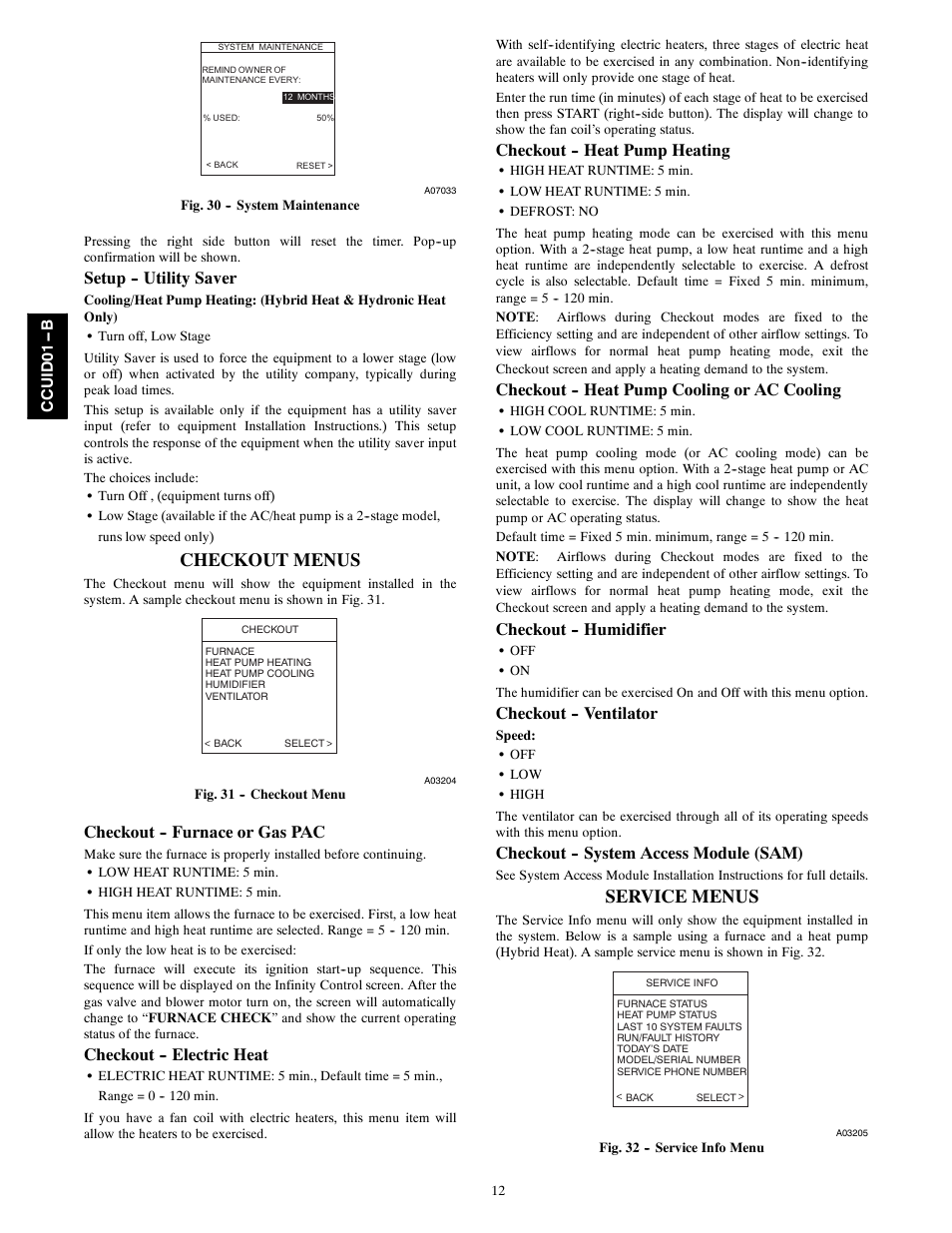 Checkout menus, Service menus, Setup -- utility saver | Checkout -- furnace or gas pac, Checkout -- electric heat, Checkout -- heat pump heating, Checkout -- heat pump cooling or ac cooling, Checkout -- humidifier, Checkout -- ventilator, Checkout -- system access module (sam) | Carrier Infinity SYSTXCCUID01- B User Manual | Page 12 / 16