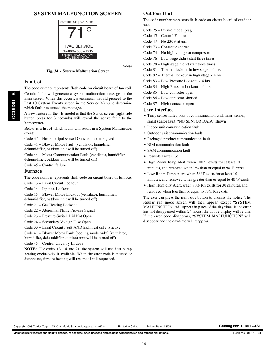 System malfunction screen | Carrier Infinity SYSTXCCUID01- B  User Manual | Page 16 / 16