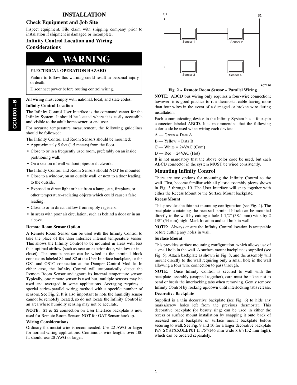Warning, Installation, Check equipment and job site | Mounting infinity control | Carrier Infinity SYSTXCCUID01- B  User Manual | Page 2 / 16
