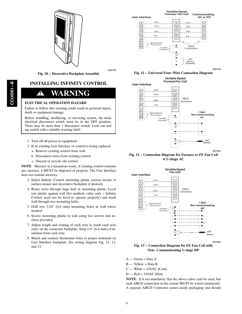 Warning, Installing infinity control, Ccui d 01 -- b | Fig. 10 -- decorative backplate assembly, Fig. 11 -- universal four--wire connection diagram | Carrier Infinity SYSTXCCUID01- B  User Manual | Page 4 / 16