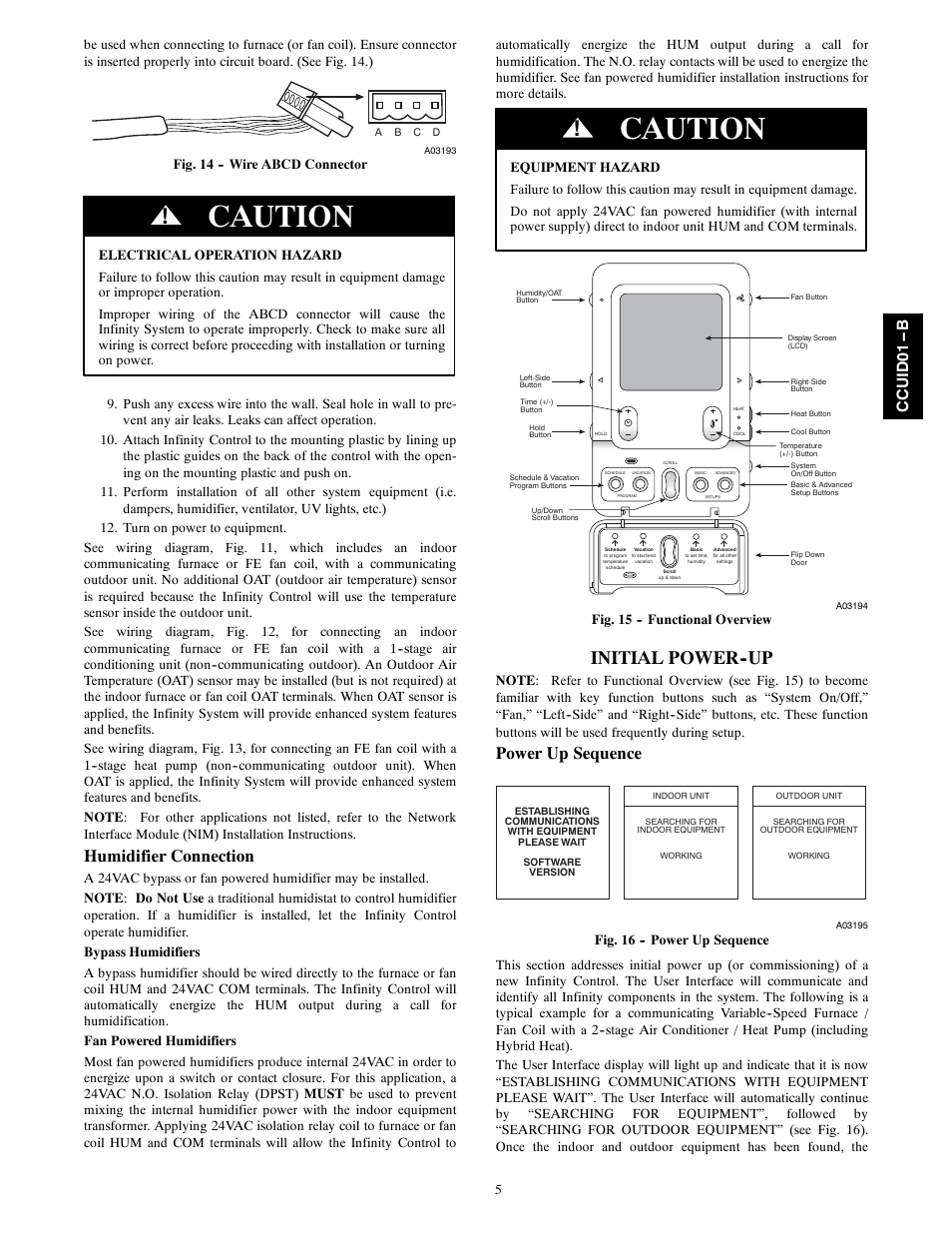 Caution, Initial power--up, Humidifier connection | Power up sequence, Ccui d 01 -- b | Carrier Infinity SYSTXCCUID01- B  User Manual | Page 5 / 16