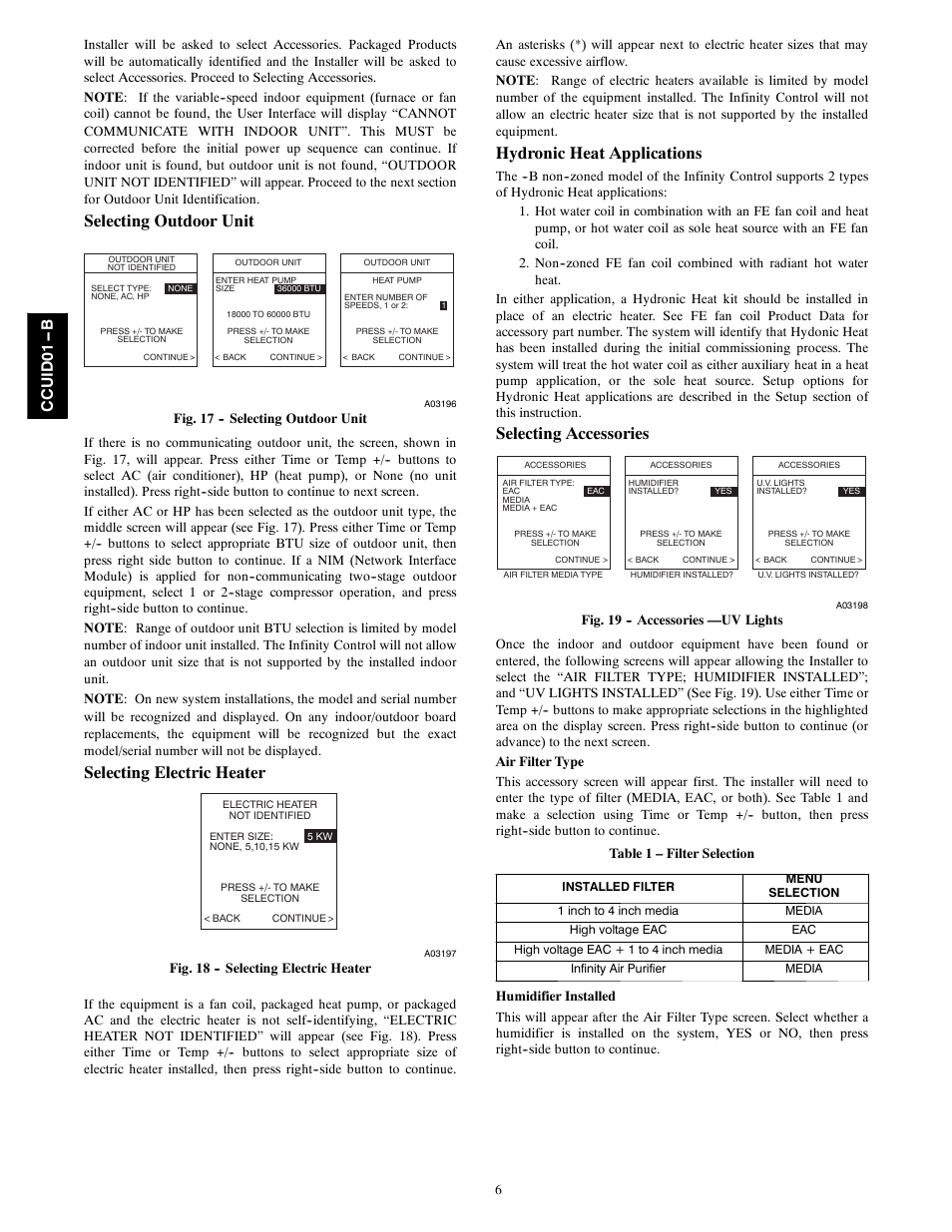 Selecting outdoor unit, Selecting electric heater, Hydronic heat applications | Selecting accessories, Ccui d 01 -- b | Carrier Infinity SYSTXCCUID01- B  User Manual | Page 6 / 16