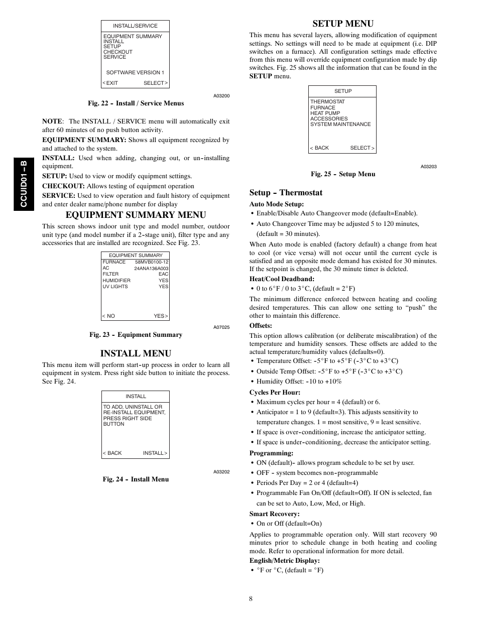 Equipment summary menu, Install menu, Setup menu | Setup -- thermostat | Carrier Infinity SYSTXCCUID01- B  User Manual | Page 8 / 16