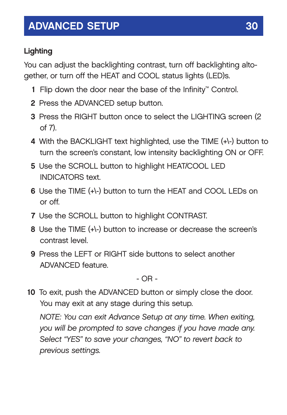 Advanced setup 30 advanced setup 30 | Carrier  Infinity SYSTXCCUID01-V User Manual | Page 33 / 43