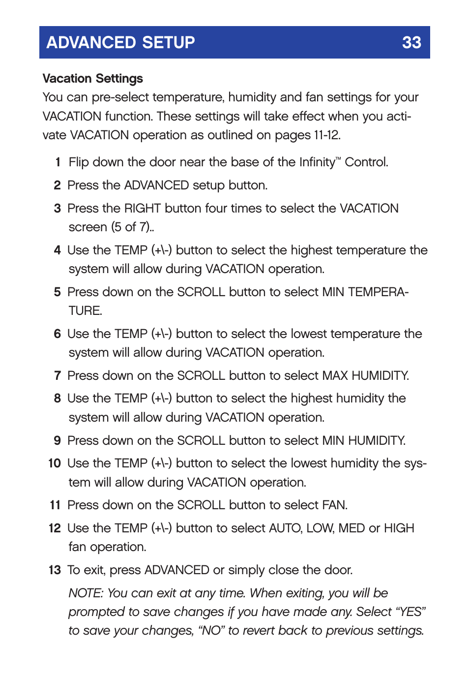 Advanced setup 33 | Carrier  Infinity SYSTXCCUID01-V User Manual | Page 36 / 43