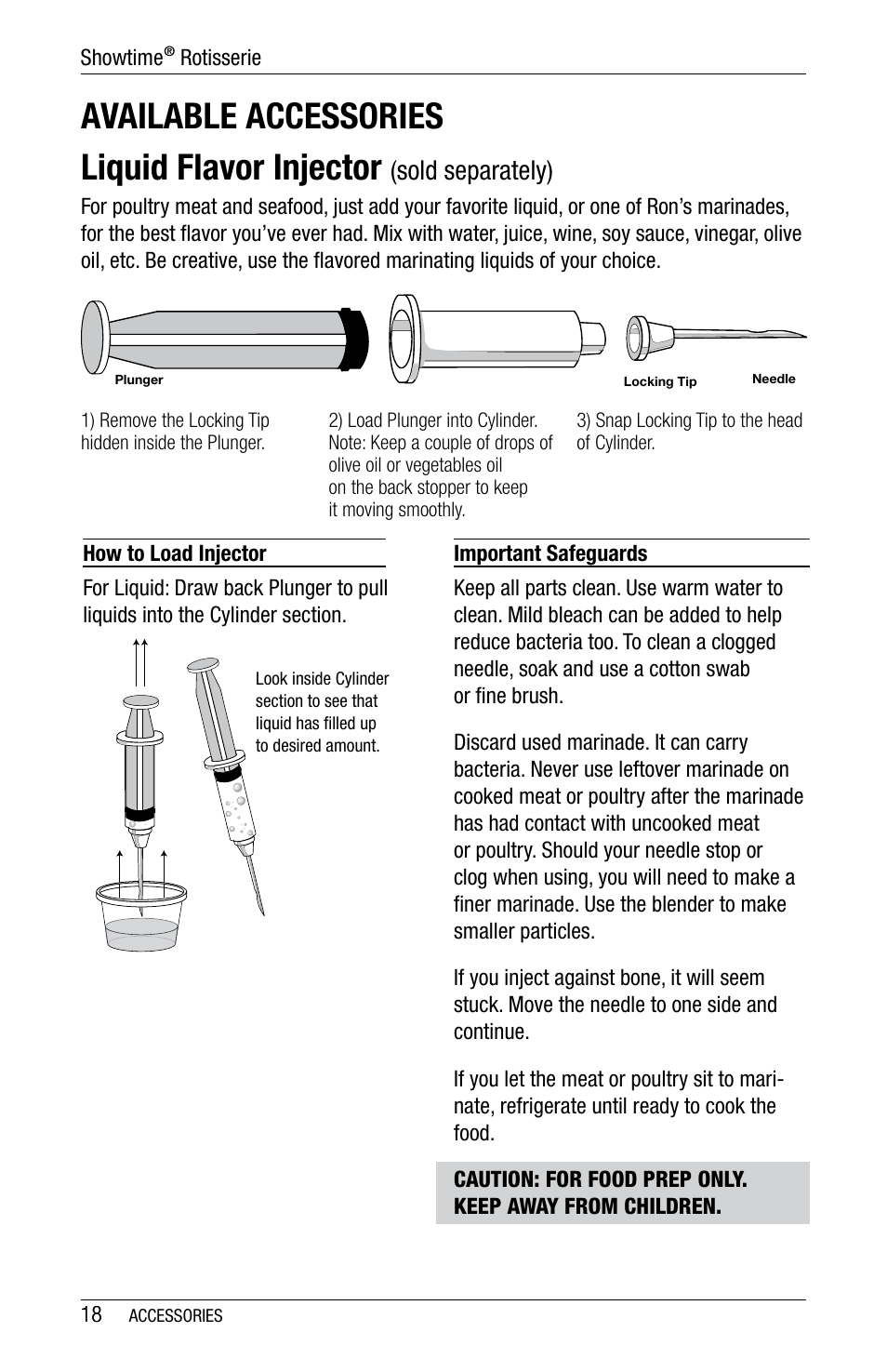 Available accessories liquid flavor injector, Sold separately) | Ronco 6000 Series Standard Stainless Rotisserie Oven User Manual | Page 18 / 32