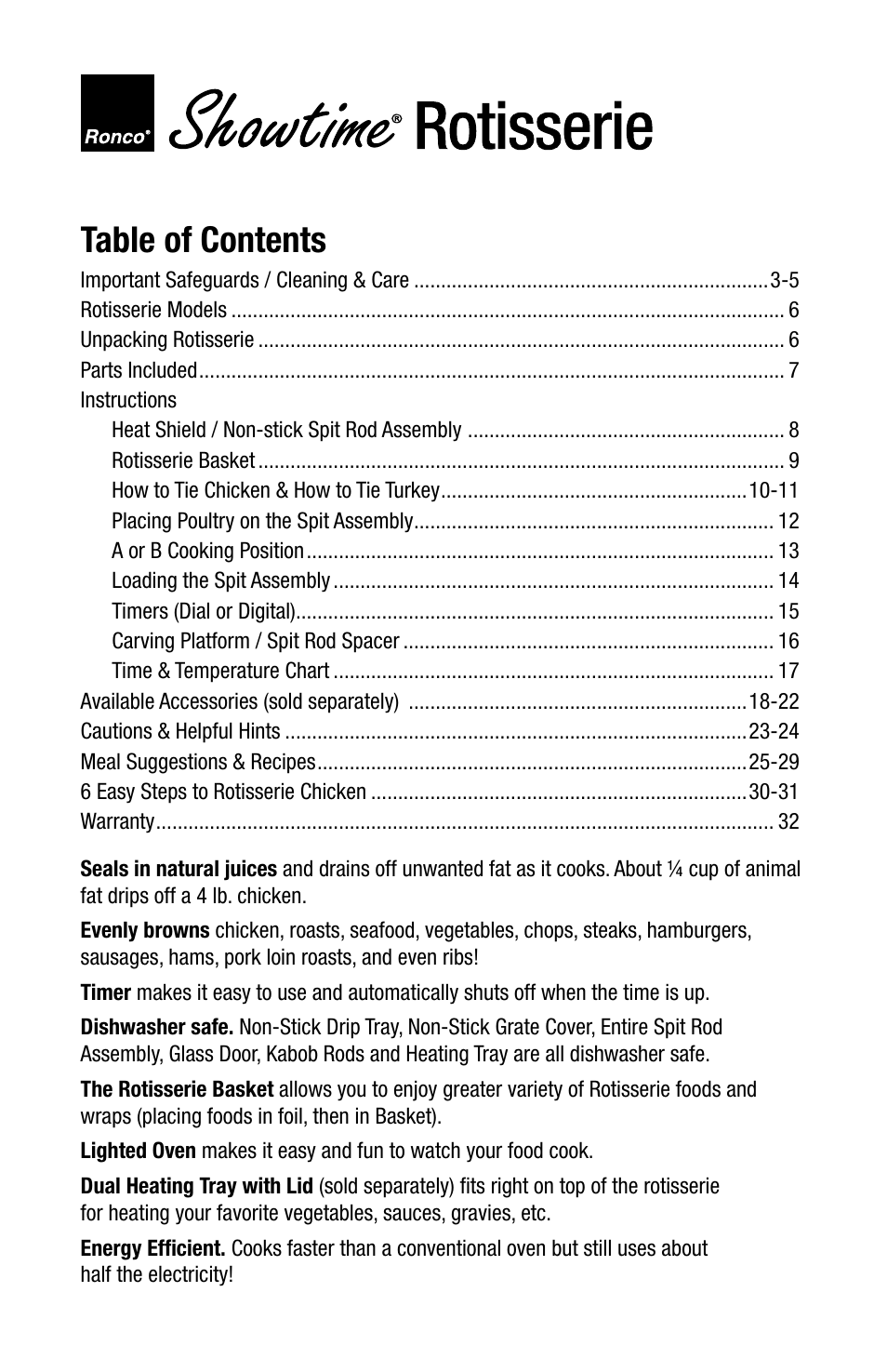 Ronco 6000 Series Standard Stainless Rotisserie Oven User Manual | Page 2 / 32