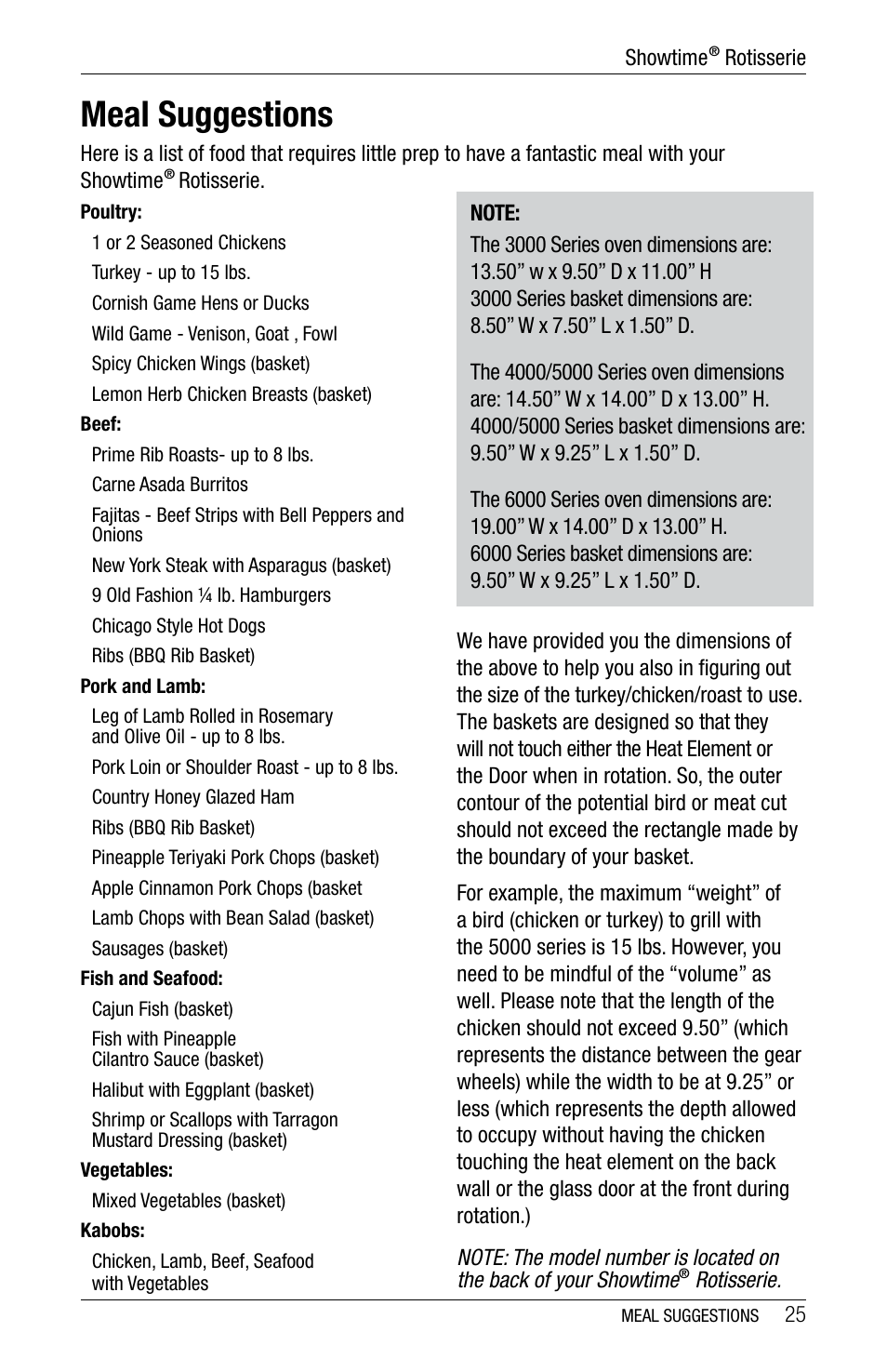 Meal suggestions | Ronco 6000 Series Standard Stainless Rotisserie Oven User Manual | Page 25 / 32