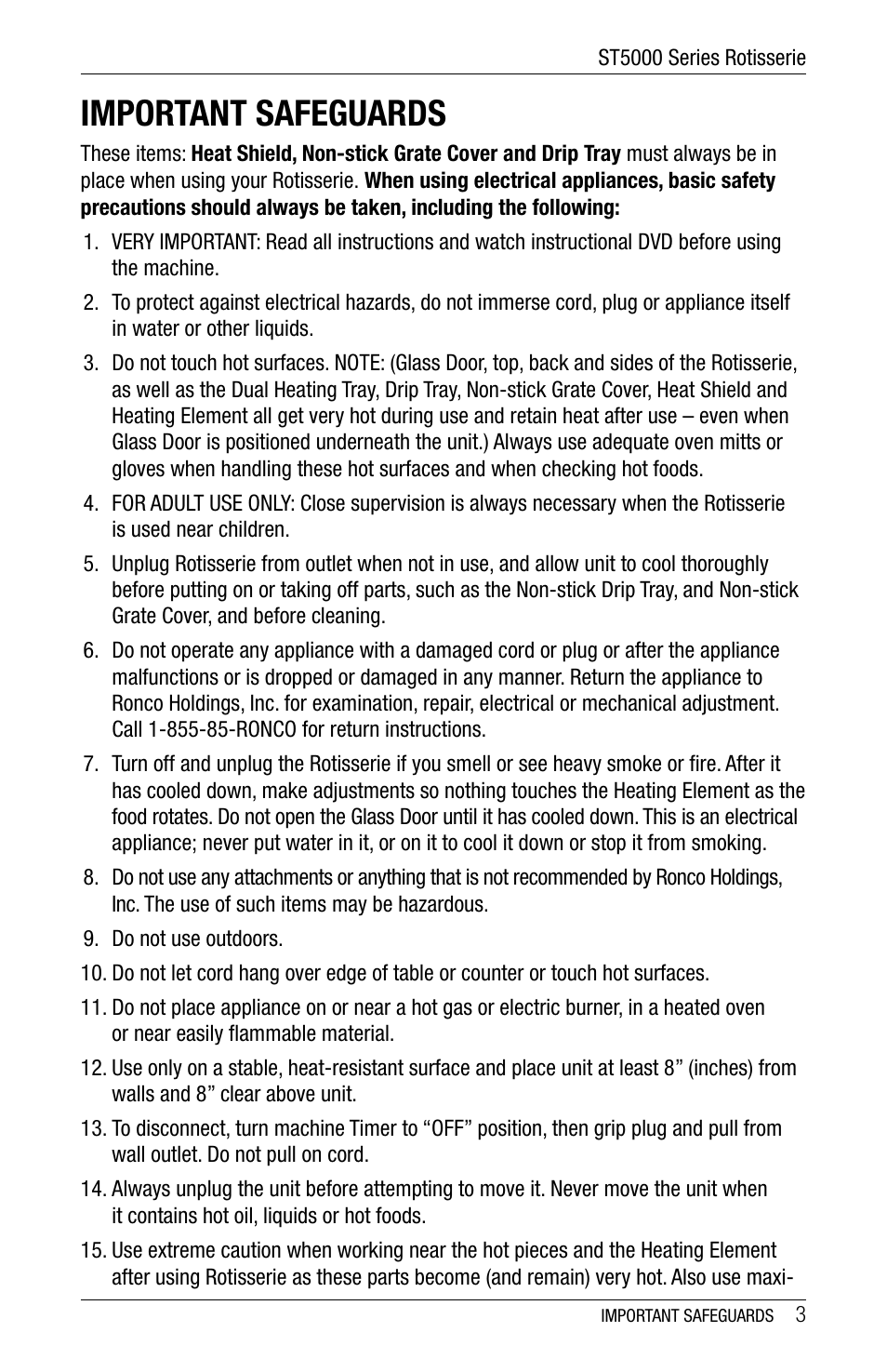 Important safeguards | Ronco 6000 Series Standard Stainless Rotisserie Oven User Manual | Page 3 / 32