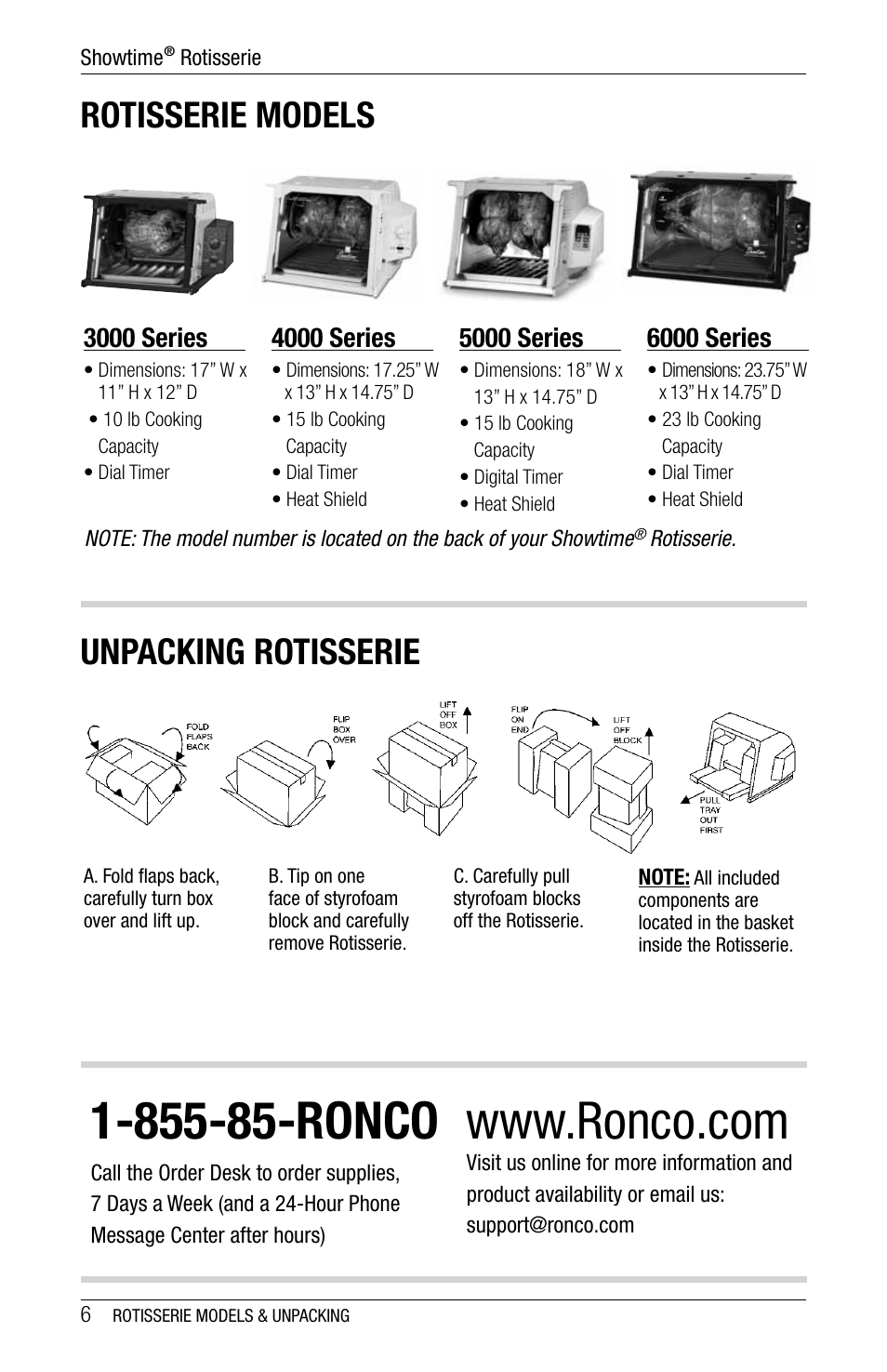 Rotisserie models, Unpacking rotisserie, 3000 series | 4000 series, 5000 series, 6000 series | Ronco 6000 Series Standard Stainless Rotisserie Oven User Manual | Page 6 / 32