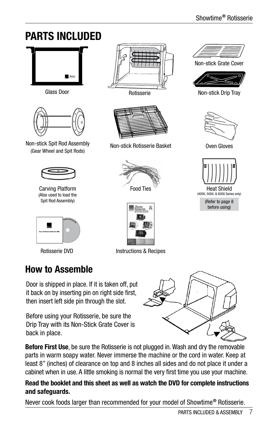 Parts included, How to assemble | Ronco 6000 Series Standard Stainless Rotisserie Oven User Manual | Page 7 / 32