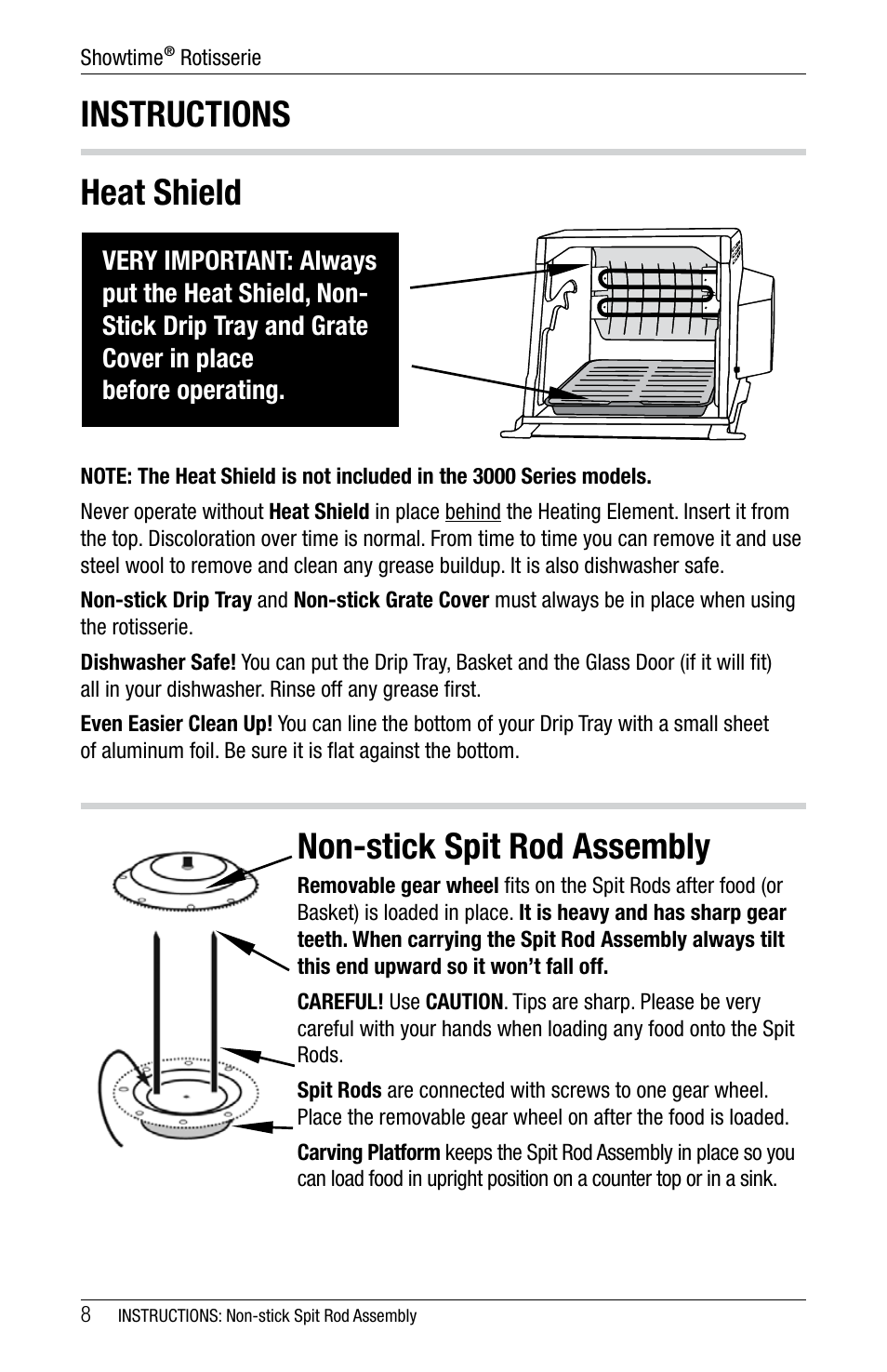 Instructions heat shield, Non-stick spit rod assembly | Ronco 6000 Series Standard Stainless Rotisserie Oven User Manual | Page 8 / 32