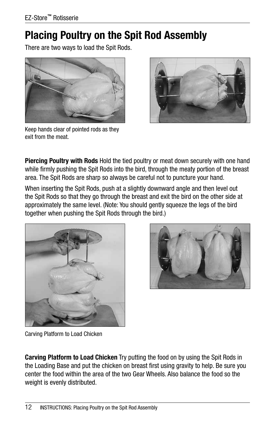 Placing poultry on the spit rod assembly | Ronco 5270 Series EZ-Store Stainless Rotisserie Oven User Manual | Page 12 / 32