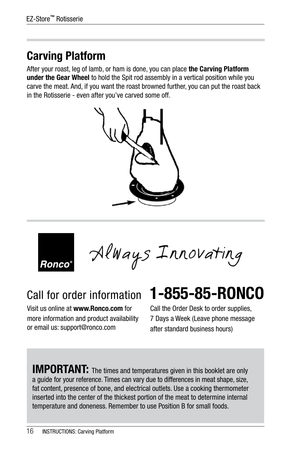 A l ways, Nnovating, Carving platform | Important, Call for order information | Ronco 5270 Series EZ-Store Stainless Rotisserie Oven User Manual | Page 16 / 32