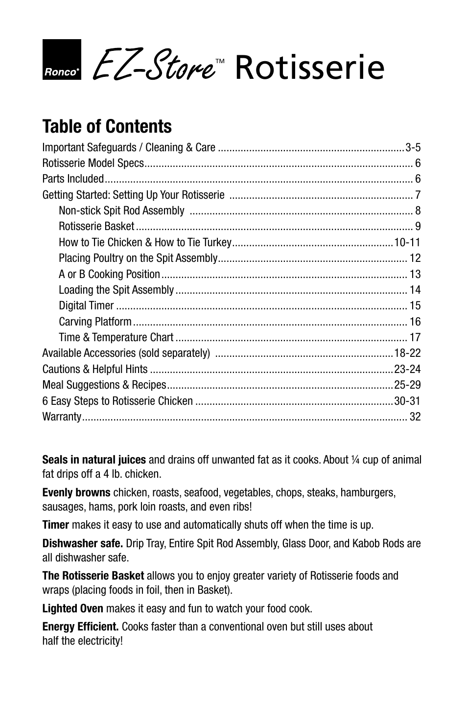Ronco 5270 Series EZ-Store Stainless Rotisserie Oven User Manual | Page 2 / 32