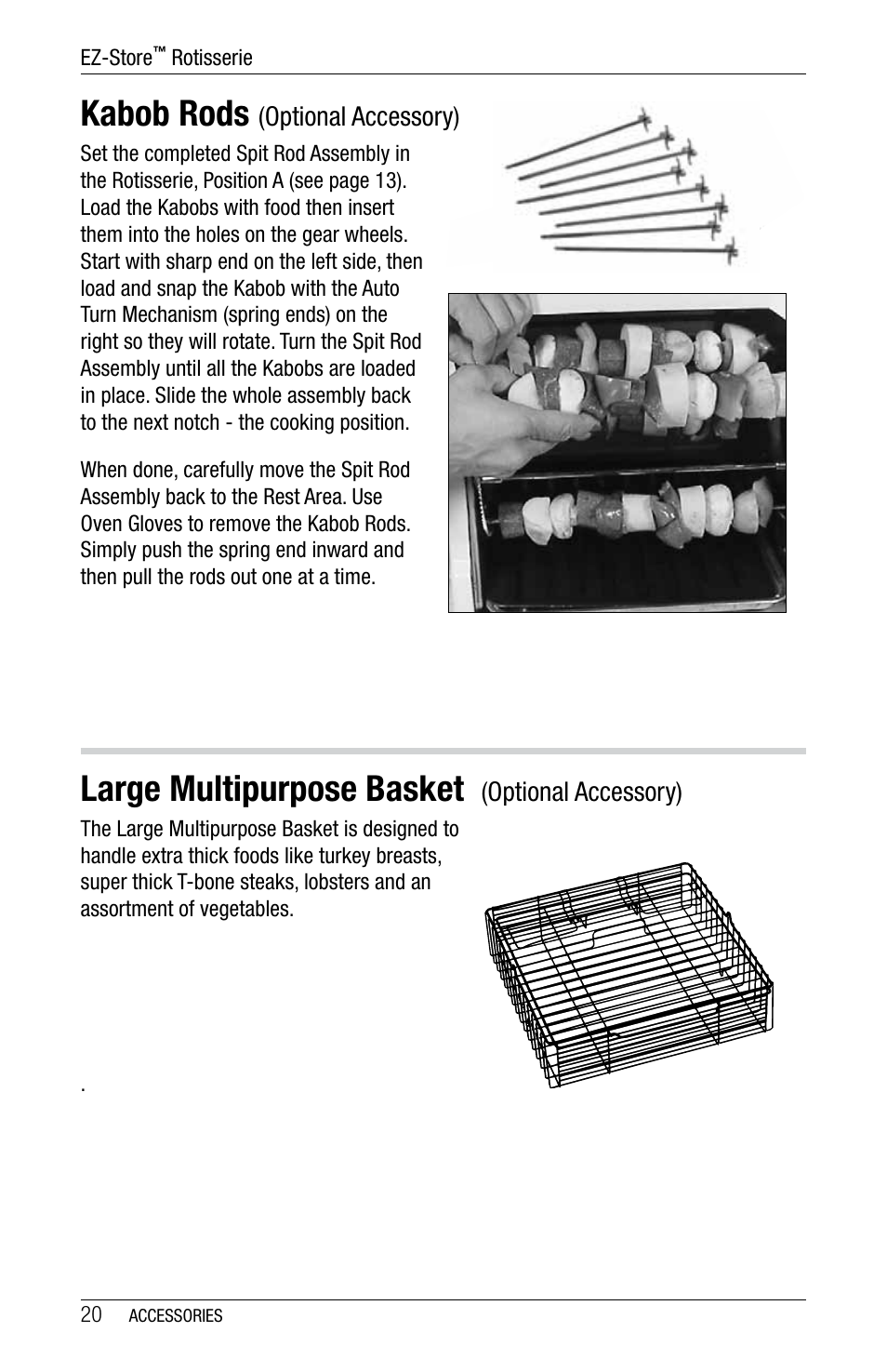 Kabob rods, Large multipurpose basket | Ronco 5270 Series EZ-Store Stainless Rotisserie Oven User Manual | Page 20 / 32