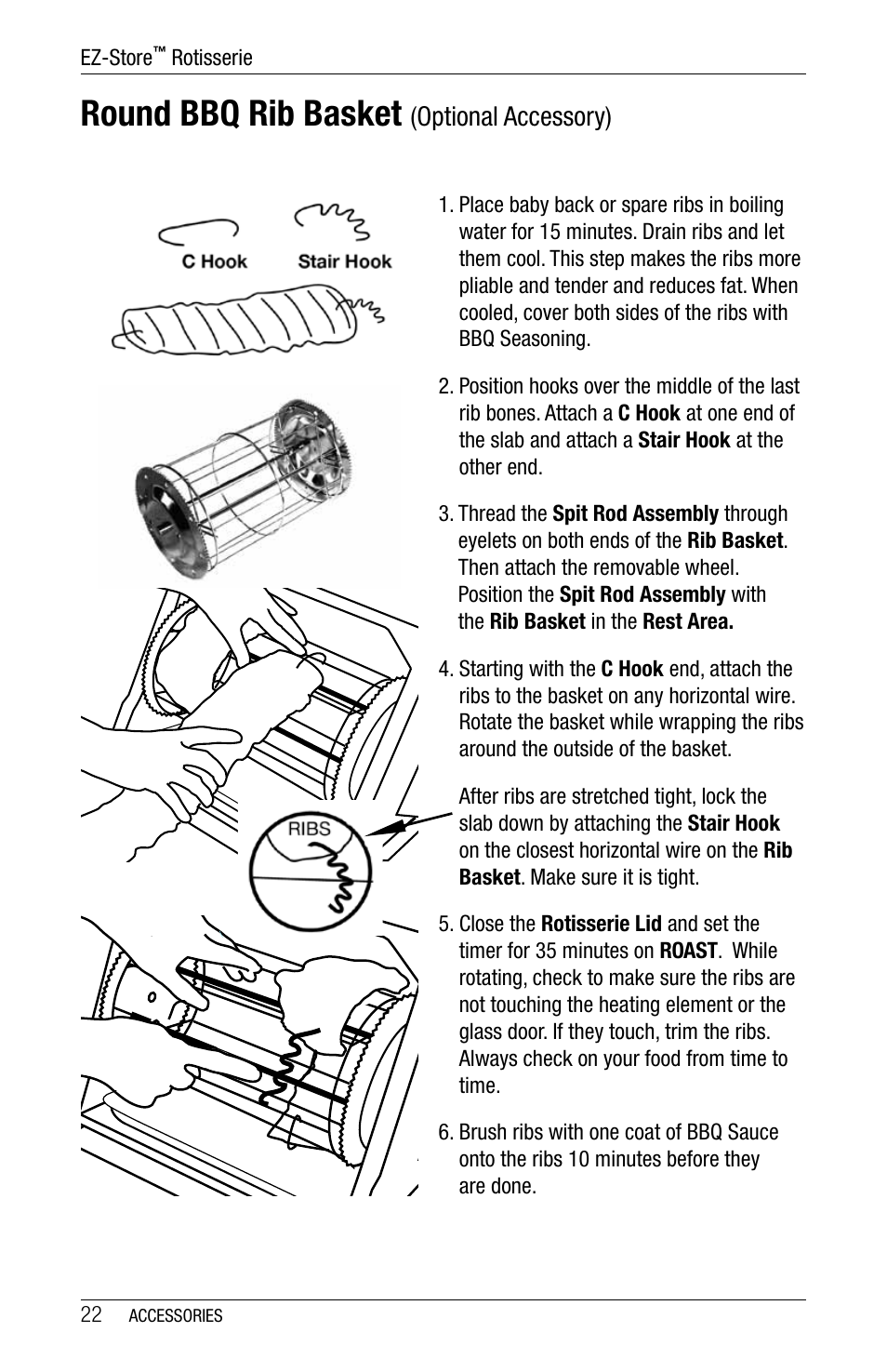 Round bbq rib basket, Optional accessory) | Ronco 5270 Series EZ-Store Stainless Rotisserie Oven User Manual | Page 22 / 32