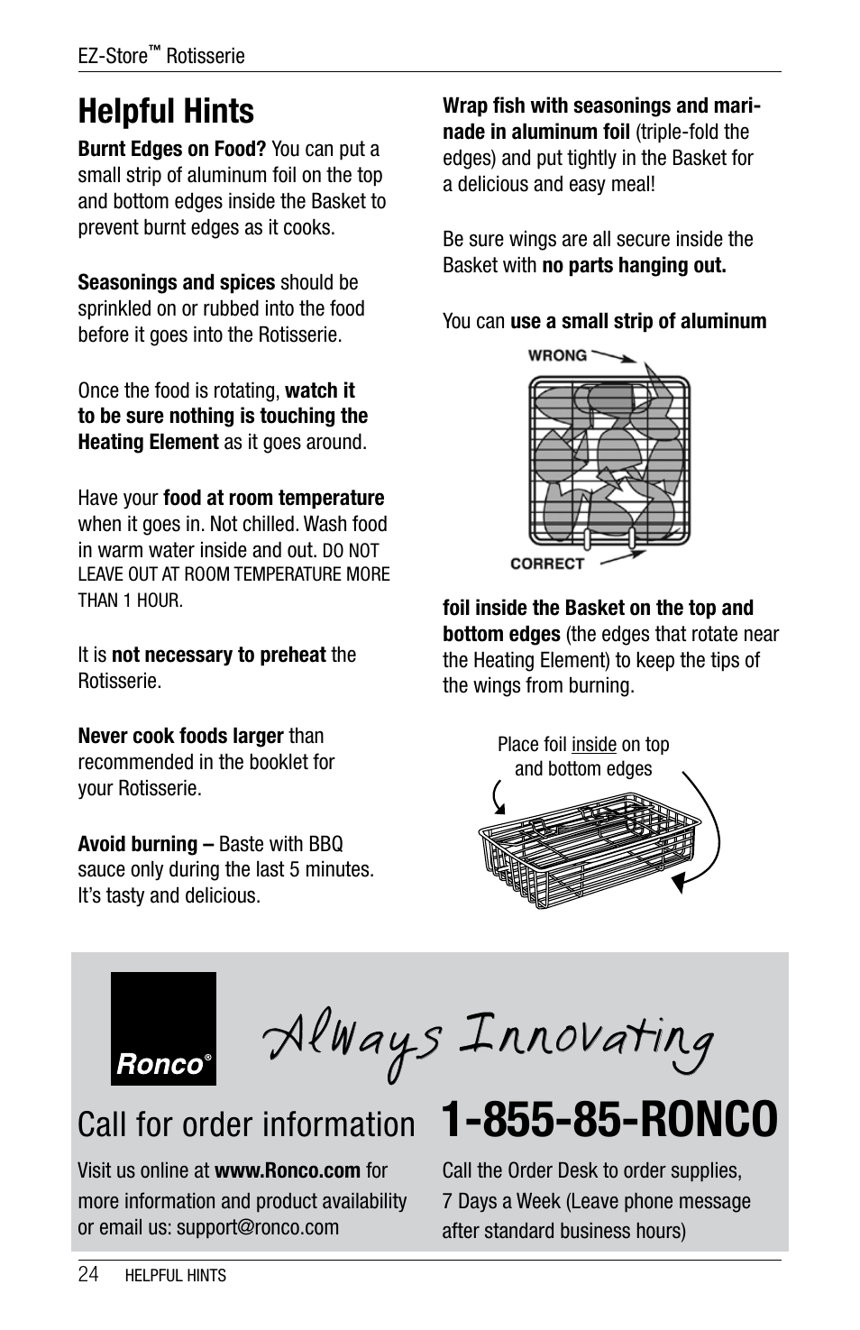 A l ways, Nnovating, Helpful hints | Call for order information | Ronco 5270 Series EZ-Store Stainless Rotisserie Oven User Manual | Page 24 / 32