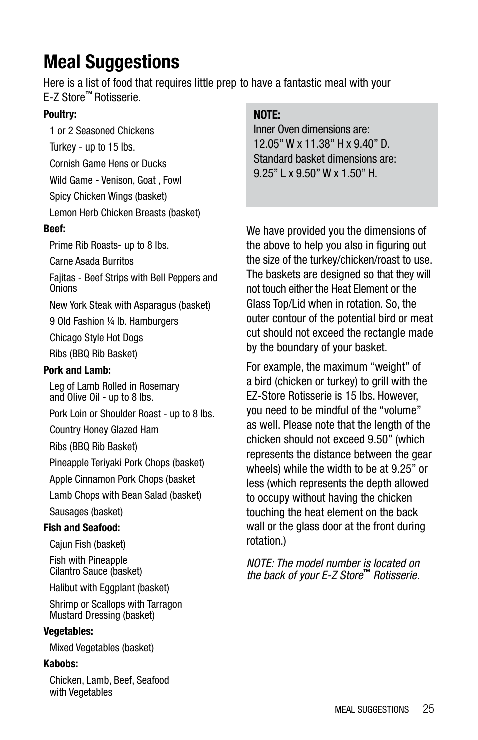 Meal suggestions | Ronco 5270 Series EZ-Store Stainless Rotisserie Oven User Manual | Page 25 / 32