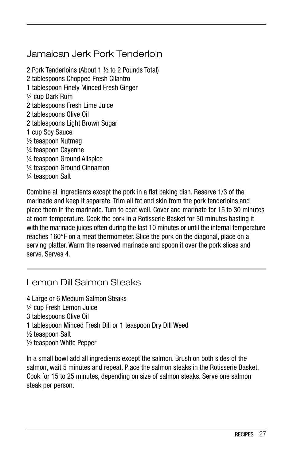 Jamaican jerk pork tenderloin, Lemon dill salmon steaks | Ronco 5270 Series EZ-Store Stainless Rotisserie Oven User Manual | Page 27 / 32