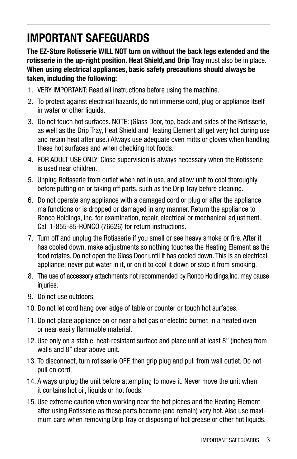 Important safeguards | Ronco 5270 Series EZ-Store Stainless Rotisserie Oven User Manual | Page 3 / 32