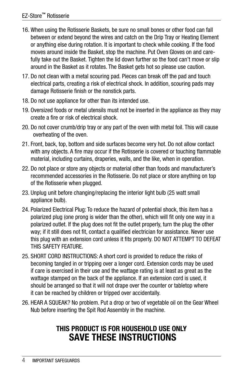 Save these instructions, This product is for household use only | Ronco 5270 Series EZ-Store Stainless Rotisserie Oven User Manual | Page 4 / 32