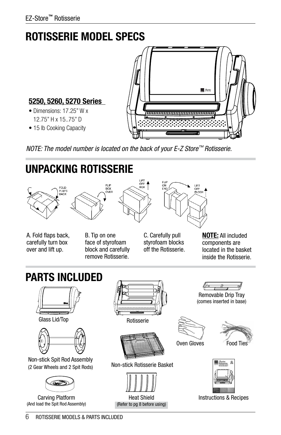 Rotisserie model specs, Parts included unpacking rotisserie | Ronco 5270 Series EZ-Store Stainless Rotisserie Oven User Manual | Page 6 / 32