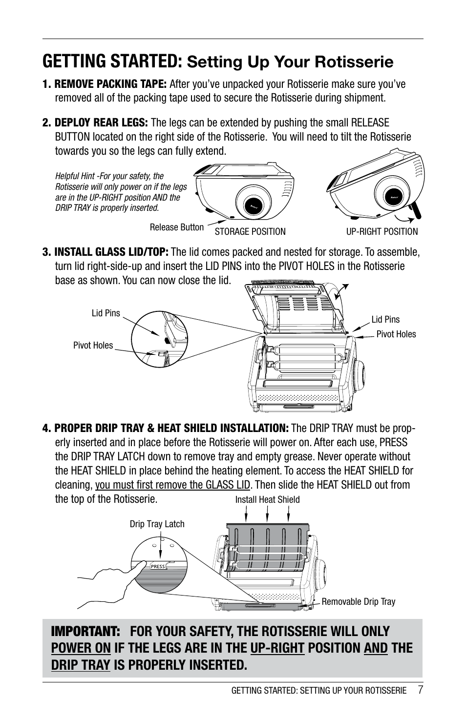 Getting started, Setting up your rotisserie | Ronco 5270 Series EZ-Store Stainless Rotisserie Oven User Manual | Page 7 / 32