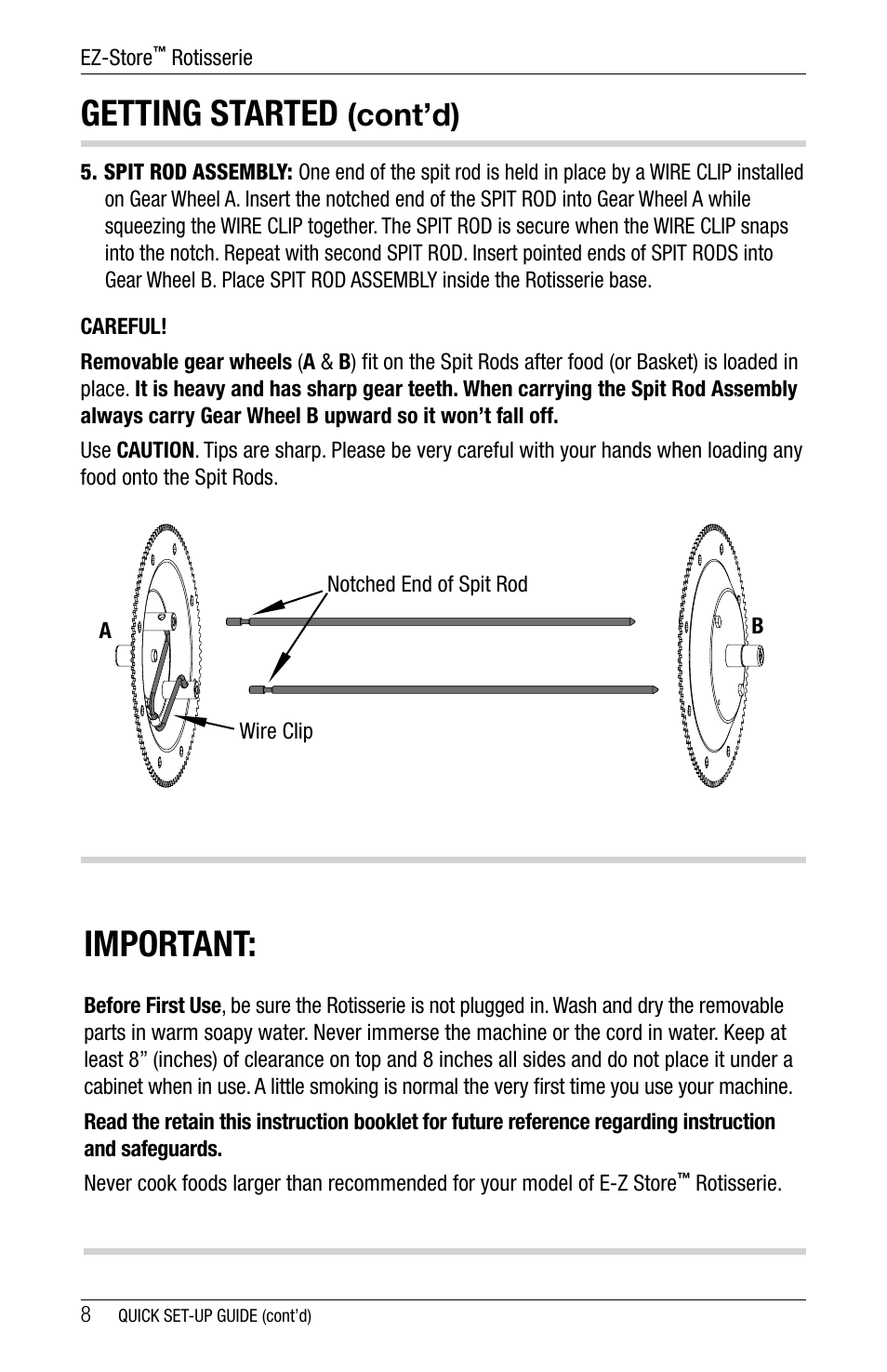 Getting started, Important, Cont’d) | Ronco 5270 Series EZ-Store Stainless Rotisserie Oven User Manual | Page 8 / 32