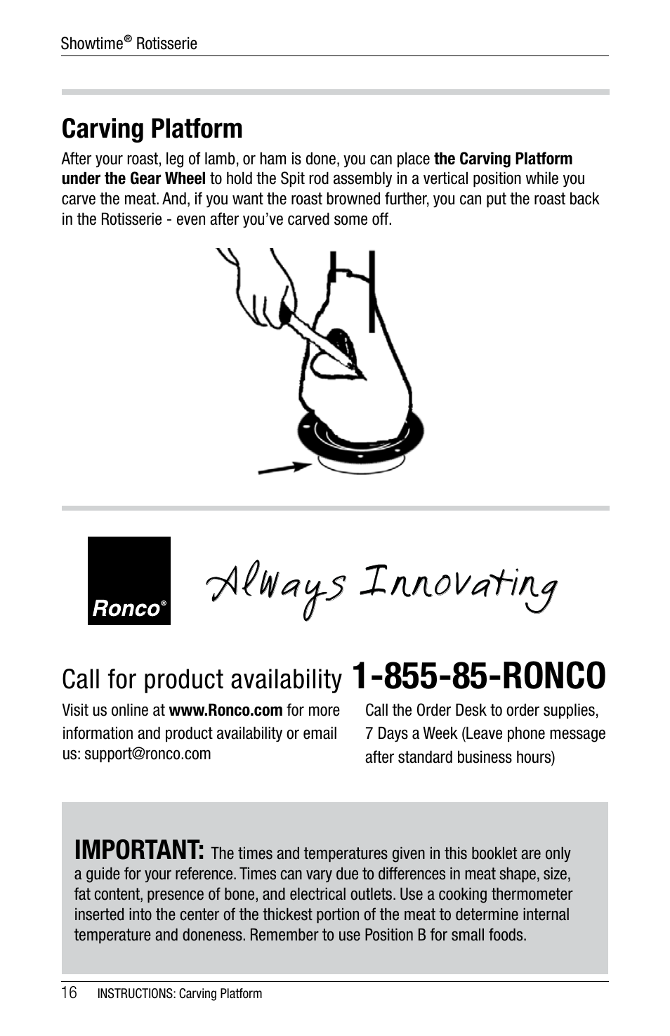 A l ways, Nnovating, Carving platform | Important, Call for product availability | Ronco 5500 Series Stainless Rotisserie Oven User Manual | Page 16 / 32