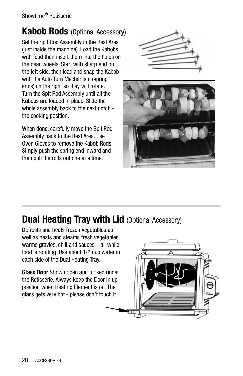 Kabob rods, Dual heating tray with lid | Ronco 5500 Series Stainless Rotisserie Oven User Manual | Page 20 / 32
